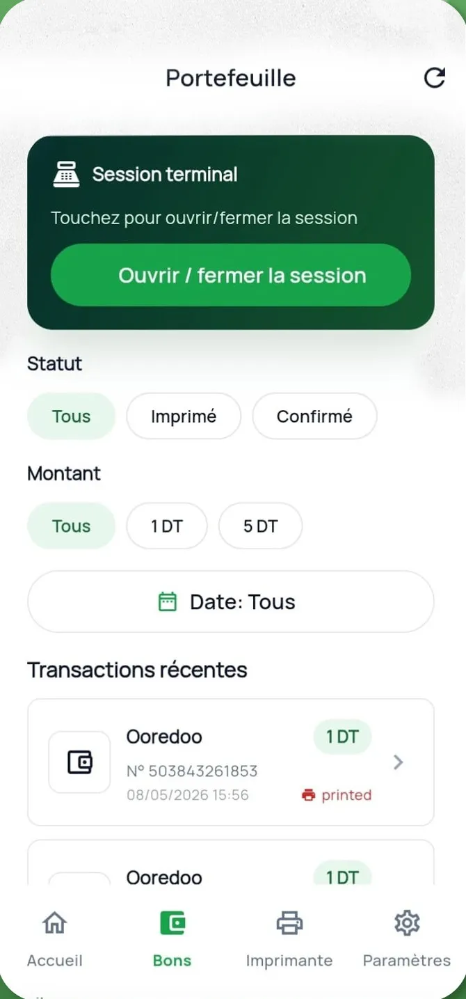 Portefeuille : session du terminal et filtres